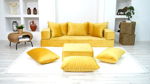 Yellow Floor Seating, Floor Sofa with Ottoman Couch and Rug, Velvet Floor Couch, Floor Cushion, Sectional Sofa, French Cushion, Futon Cushion, Window Seat - Arabic Sofa