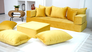 Yellow Floor Seating, Floor Sofa with Ottoman Couch and Rug, Velvet Floor Couch, Floor Cushion, Sectional Sofa, French Cushion, Futon Cushion, Window Seat - Arabic Sofa