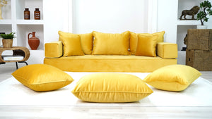 Yellow Floor Seating, Floor Sofa with Ottoman Couch and Rug, Velvet Floor Couch, Floor Cushion, Sectional Sofa, French Cushion, Futon Cushion, Window Seat - Arabic Sofa