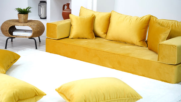 Yellow Floor Seating, Floor Sofa with Ottoman Couch and Rug, Velvet Floor Couch, Floor Cushion, Sectional Sofa, French Cushion, Futon Cushion, Window Seat - Arabic Sofa