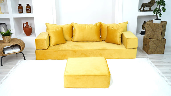 Yellow Floor Seating, Floor Sofa with Ottoman Couch and Rug, Velvet Floor Couch, Floor Cushion, Sectional Sofa, French Cushion, Futon Cushion, Window Seat - Arabic Sofa