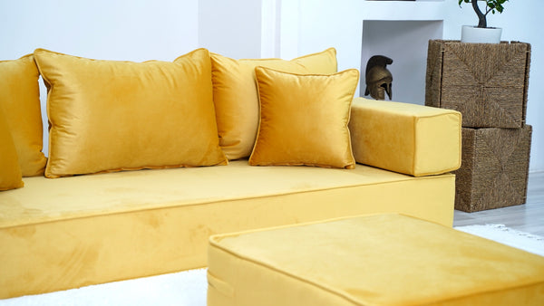 Yellow Floor Seating, Floor Sofa with Ottoman Couch and Rug, Velvet Floor Couch, Floor Cushion, Sectional Sofa, French Cushion, Futon Cushion, Window Seat - Arabic Sofa