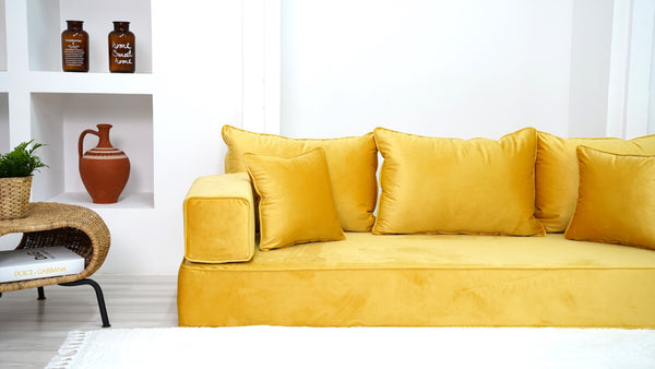 Yellow Floor Seating, Floor Sofa with Ottoman Couch and Rug, Velvet Floor Couch, Floor Cushion, Sectional Sofa, French Cushion, Futon Cushion, Window Seat - Arabic Sofa