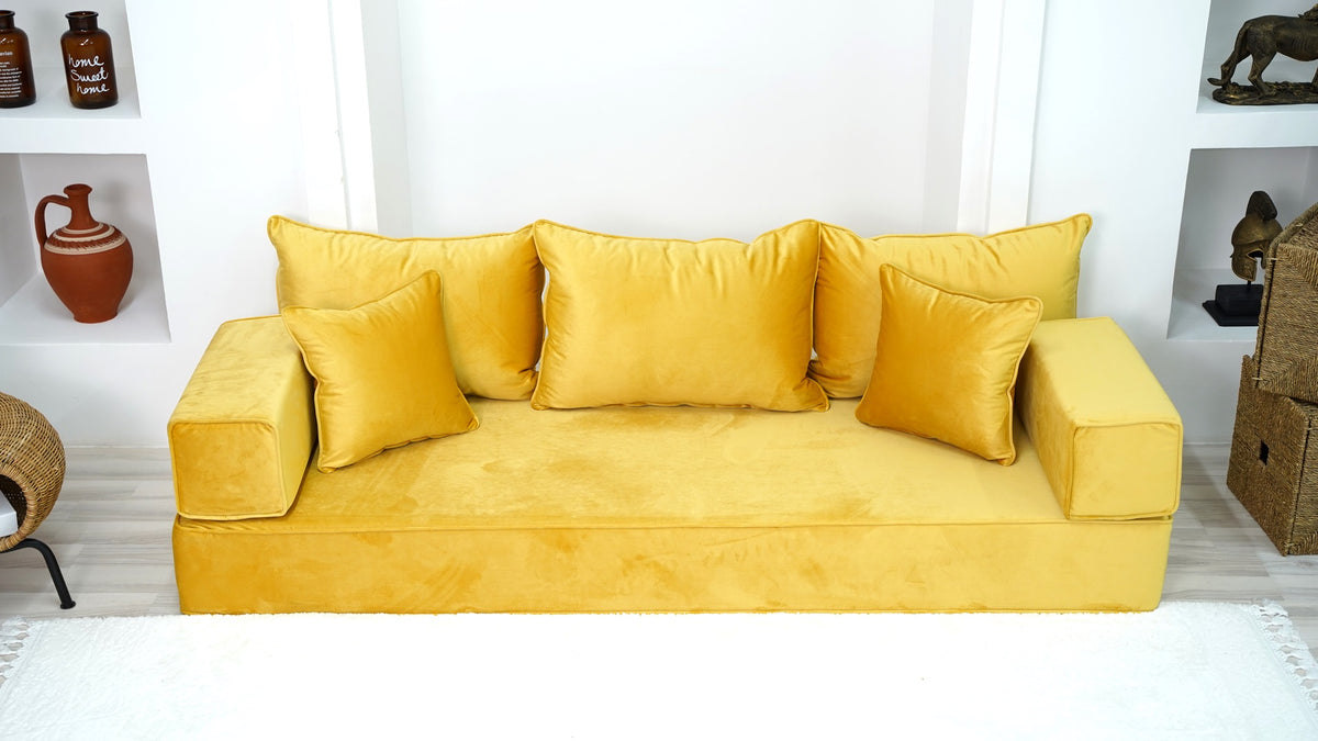 Gelb, ruhige Düne: Samt-Sofa-Sets – Einzel-Sofa-Set – 8 Zoll dickes Bodensofa – niedriges Sitzsofa – moderne modulare Lounge