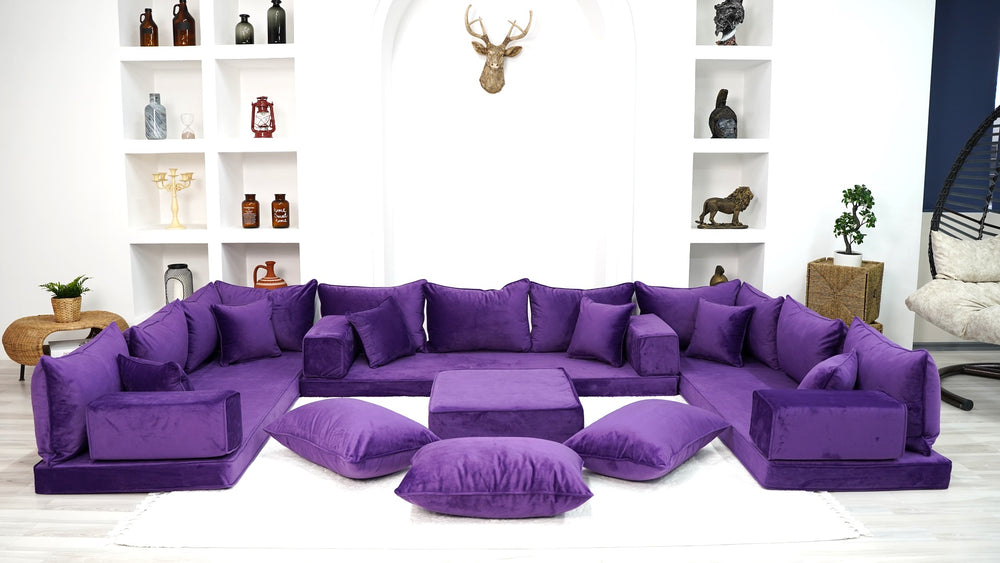 Velvet Purple Color U Shaped Floor Seating, Modern Livingroom Oriental Floor Seating, Home Decor Cushions - Arabic Sofa