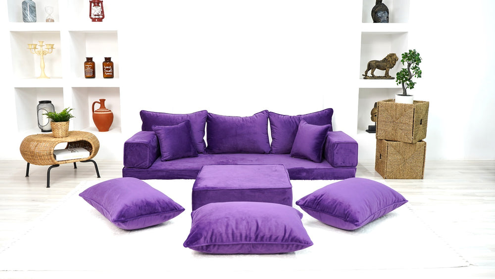 Customizable Cushion, Loveseat, French Cushion, Modern Livingroom Sofa with Ottoman Couch and Rug, Velvet Purple Floor Couch, Window Seat, Floor Couch - Arabic Sofa