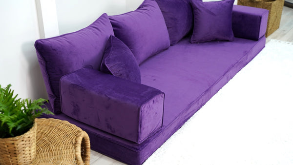 4" Thickness Velvet Sofa Sets, Purple Color Floor Seating, Velvet Fabric Cushions, Modular Floor Seating Cushions, Custom Covers