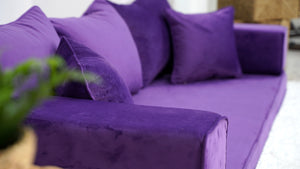 4" Thickness Velvet Sofa Sets, Purple Color Floor Seating, Velvet Fabric Cushions, Modular Floor Seating Cushions, Custom Covers