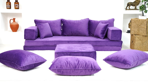 Customizable Cushion, Loveseat, French Cushion, Modern Livingroom Sofa with Ottoman Couch and Rug, 8" Thickness Velvet Purple Floor Couch, Window Seat, Floor Couch - Arabic Sofa