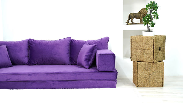 4" Thickness Velvet Sofa Sets, Purple Color Floor Seating, Velvet Fabric Cushions, Modular Floor Seating Cushions, Custom Covers