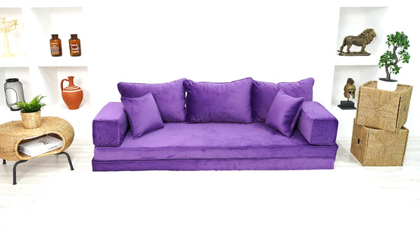 4" Thickness Velvet Sofa Sets, Purple Color Floor Seating, Velvet Fabric Cushions, Modular Floor Seating Cushions, Custom Covers