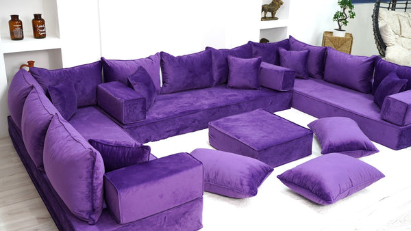 Purple U Shaped Floor Seating Sofas, Sleeper Sofa, Sofa Covers, Velvet Fabric Cushions, Moroccan Home Decor Livingroom Sofas - Arabic Sofa