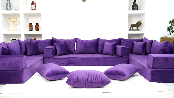 Purple U Shaped Floor Seating Sofas, Sleeper Sofa, Sofa Covers, Velvet Fabric Cushions, Moroccan Home Decor Livingroom Sofas - Arabic Sofa
