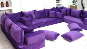 Purple U Shaped Floor Seating Sofas, Sleeper Sofa, Sofa Covers, Velvet Fabric Cushions, Moroccan Home Decor Livingroom Sofas - Arabic Sofa