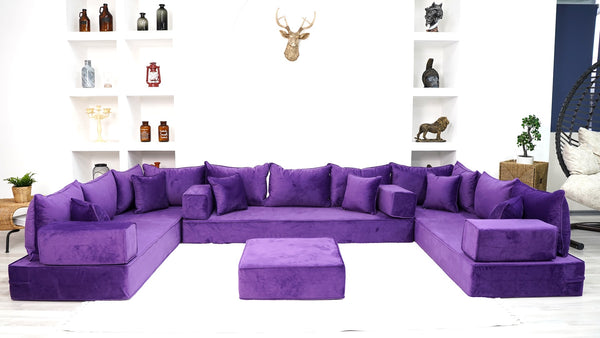 Purple U Shaped Floor Seating Sofas, Sleeper Sofa, Sofa Covers, Velvet Fabric Cushions, Moroccan Home Decor Livingroom Sofas - Arabic Sofa