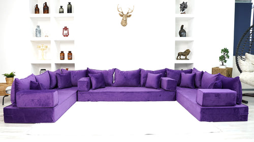 Purple U Shaped Floor Seating Sofas, Sleeper Sofa, Sofa Covers, Velvet Fabric Cushions, Moroccan Home Decor Livingroom Sofas - Arabic Sofa