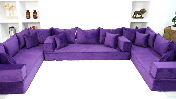 Purple U Shaped Floor Seating Sofas, Sleeper Sofa, Sofa Covers, Velvet Fabric Cushions, Moroccan Home Decor Livingroom Sofas - Arabic Sofa