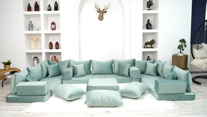 Water Green Color U Shaped Floor Seating, Velvet Floor Couch, Moroccan Home Decor Furniture,Sectional Sofa - Arabic Sofa