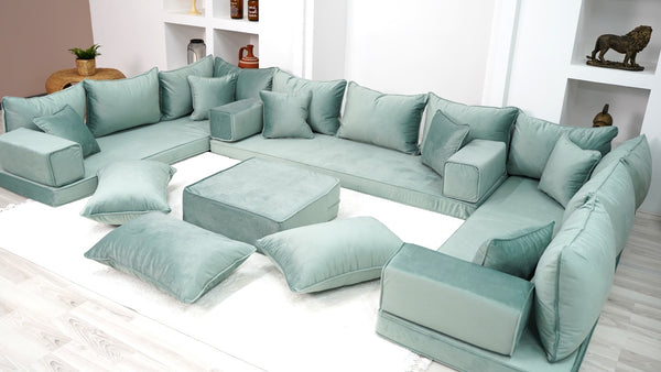 Water Green Color U Shaped Floor Seating, Velvet Floor Couch, Moroccan Home Decor Furniture,Sectional Sofa - Arabic Sofa