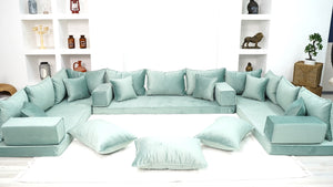 Water Green Color U Shaped Floor Seating, Velvet Floor Couch, Moroccan Home Decor Furniture,Sectional Sofa - Arabic Sofa