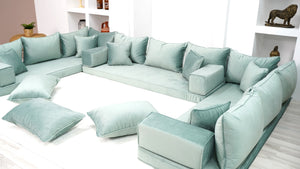 Water Green Color U Shaped Floor Seating, Velvet Floor Couch, Moroccan Home Decor Furniture,Sectional Sofa - Arabic Sofa