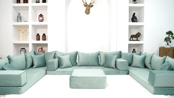 Water Green Color U Shaped Floor Seating, Velvet Floor Couch, Moroccan Home Decor Furniture,Sectional Sofa - Arabic Sofa