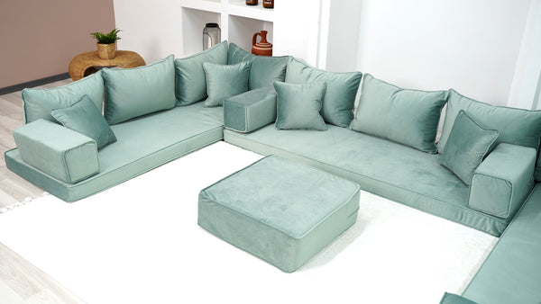 Water Green Color U Shaped Floor Seating, Velvet Floor Couch, Moroccan Home Decor Furniture,Sectional Sofa - Arabic Sofa