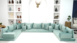 Water Green Color U Shaped Floor Seating, Velvet Floor Couch, Moroccan Home Decor Furniture,Sectional Sofa - Arabic Sofa