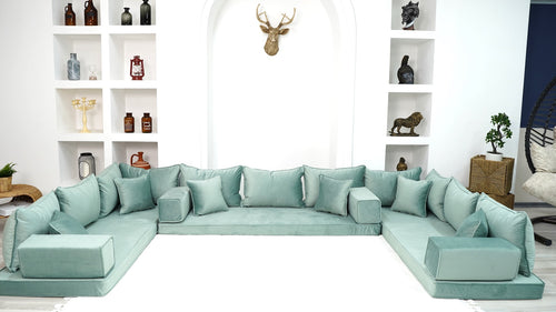 Water Green Color U Shaped Floor Seating, Velvet Floor Couch, Moroccan Home Decor Furniture,Sectional Sofa - Arabic Sofa