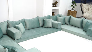 Water Green Color U Shaped Floor Seating, Velvet Floor Couch, Moroccan Home Decor Furniture,Sectional Sofa - Arabic Sofa