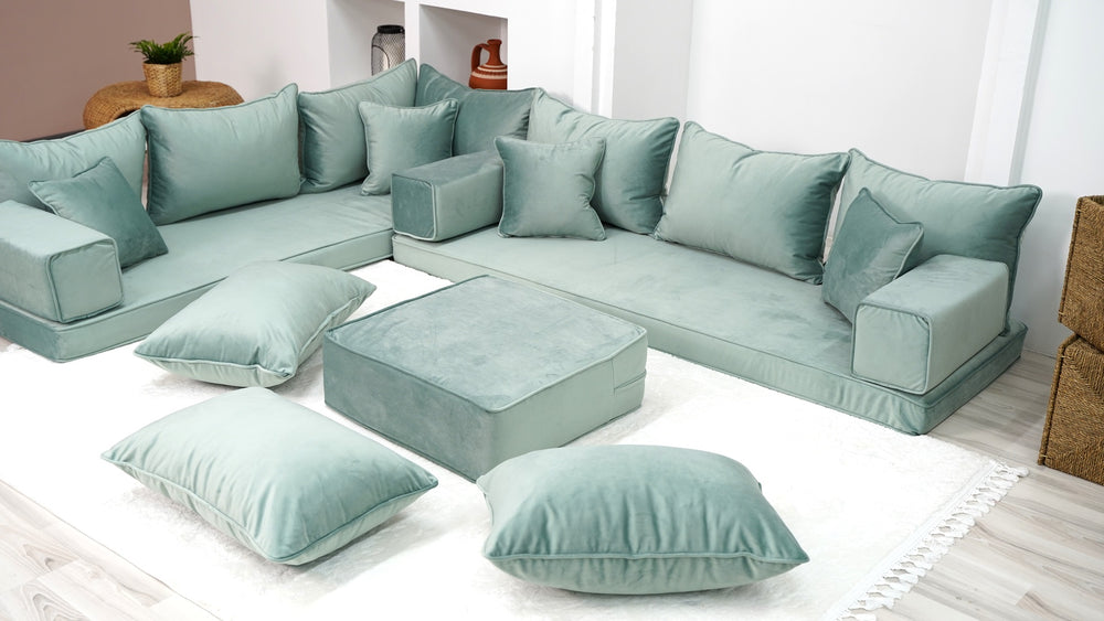 Velvet Water Green Floor Seating, Velvet Fabric, Sofa Cover, Velvet Floor Couch, Sectional Sofa, Pallet Sofa, Moroccan Decor - Arabic Sofa