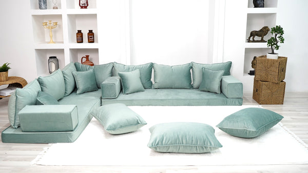 Velvet Water Green Floor Seating, Velvet Fabric, Sofa Cover, Velvet Floor Couch, Sectional Sofa, Pallet Sofa, Moroccan Decor - Arabic Sofa