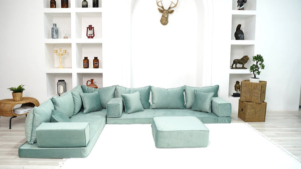 Velvet Water Green Floor Seating, Velvet Fabric, Sofa Cover, Velvet Floor Couch, Sectional Sofa, Pallet Sofa, Moroccan Decor - Arabic Sofa
