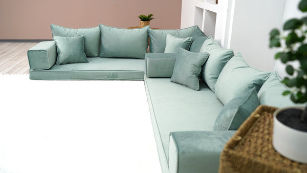 Velvet Water Green Floor Seating, Velvet Fabric, Sofa Cover, Velvet Floor Couch, Sectional Sofa, Pallet Sofa, Moroccan Decor - Arabic Sofa