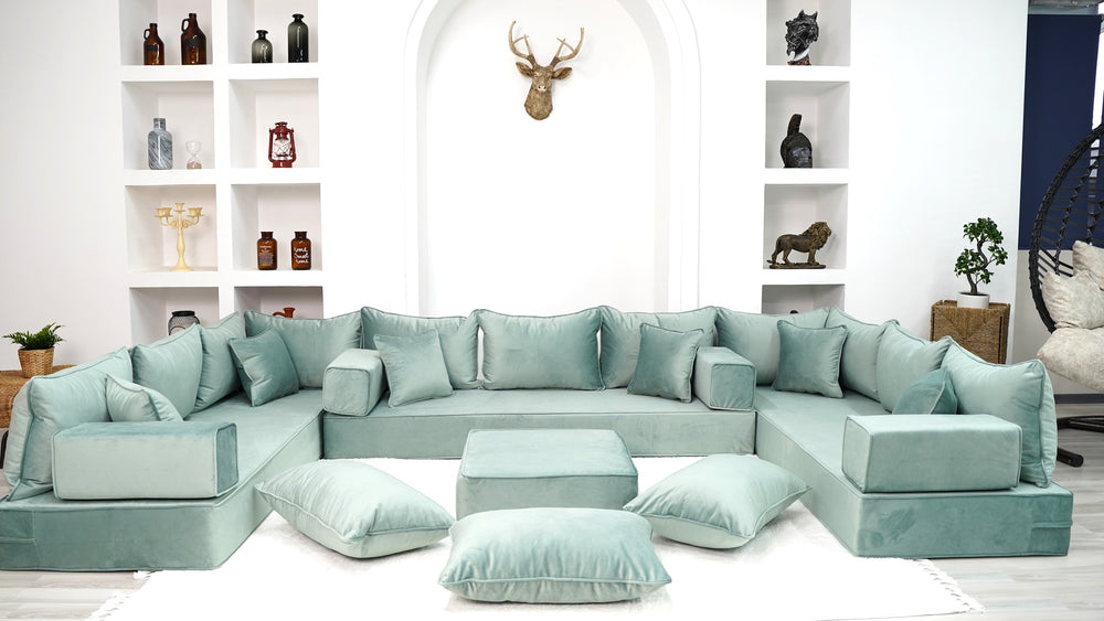 Water Green Luxury Velvet Floor Sofa, Moroccan Livingroom Sofa Set, U Shaped Arabic Seating Couch - Arabic Sofa