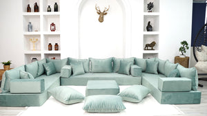 Water Green Luxury Velvet Floor Sofa, Moroccan Livingroom Sofa Set, U Shaped Arabic Seating Couch - Arabic Sofa