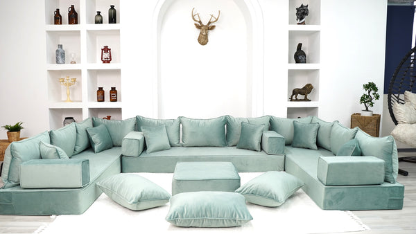Water Green Luxury Velvet Floor Sofa, Moroccan Livingroom Sofa Set, U Shaped Arabic Seating Couch - Arabic Sofa