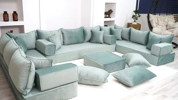 Water Green Luxury Velvet Floor Sofa, Moroccan Livingroom Sofa Set, U Shaped Arabic Seating Couch - Arabic Sofa