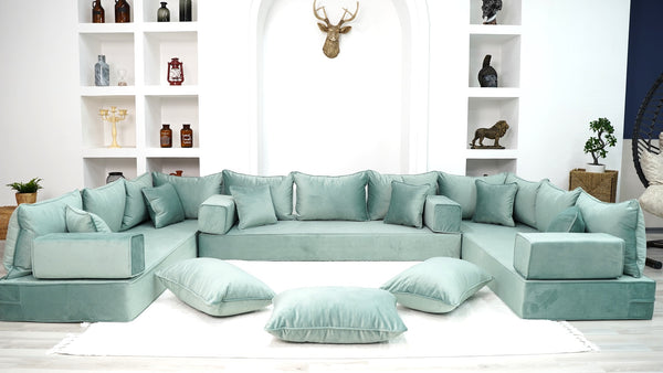 Water Green Luxury Velvet Floor Sofa, Moroccan Livingroom Sofa Set, U Shaped Arabic Seating Couch - Arabic Sofa