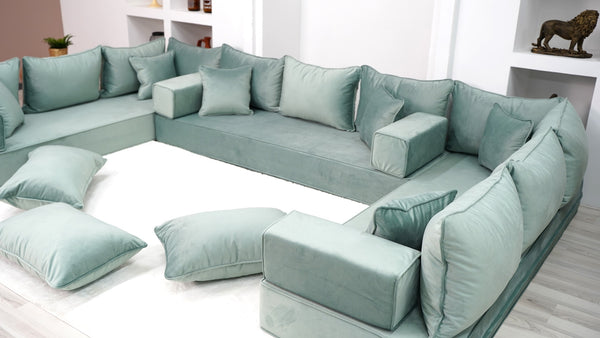 Water Green Luxury Velvet Floor Sofa, Moroccan Livingroom Sofa Set, U Shaped Arabic Seating Couch - Arabic Sofa