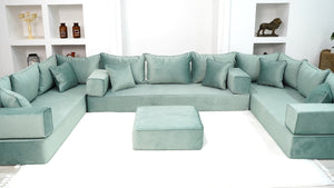 Water Green Luxury Velvet Floor Sofa, Moroccan Livingroom Sofa Set, U Shaped Arabic Seating Couch - Arabic Sofa