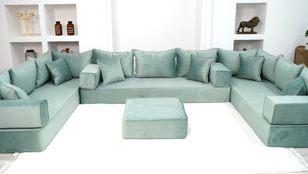 Water Green Luxury Velvet Floor Sofa, Moroccan Livingroom Sofa Set, U Shaped Arabic Seating Couch - Arabic Sofa