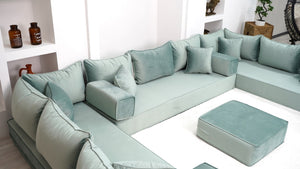Water Green Luxury Velvet Floor Sofa, Moroccan Livingroom Sofa Set, U Shaped Arabic Seating Couch - Arabic Sofa