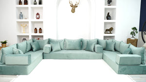 Water Green Luxury Velvet Floor Sofa, Moroccan Livingroom Sofa Set, U Shaped Arabic Seating Couch - Arabic Sofa