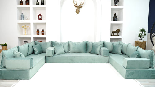 Water Green Luxury Velvet Floor Sofa, Moroccan Livingroom Sofa Set, U Shaped Arabic Seating Couch - Arabic Sofa