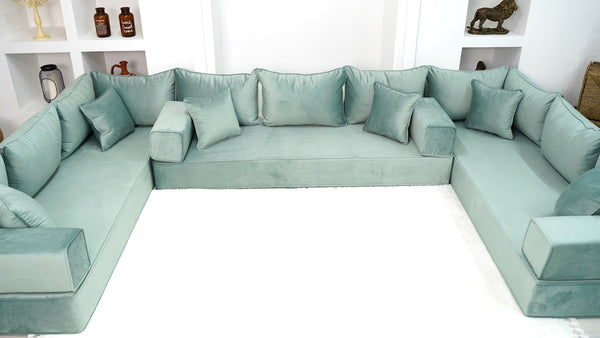 Water Green Luxury Velvet Floor Sofa, Moroccan Livingroom Sofa Set, U Shaped Arabic Seating Couch - Arabic Sofa