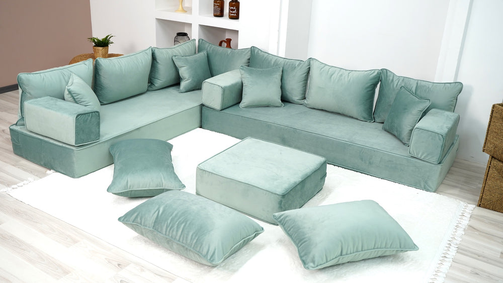 Water Green L Shaped Floor Seating, Moroccan Livingroom Home Decor, Velvet Floor Pillow, Sofa Bed, Corner Arabic Seating - Arabic Sofa