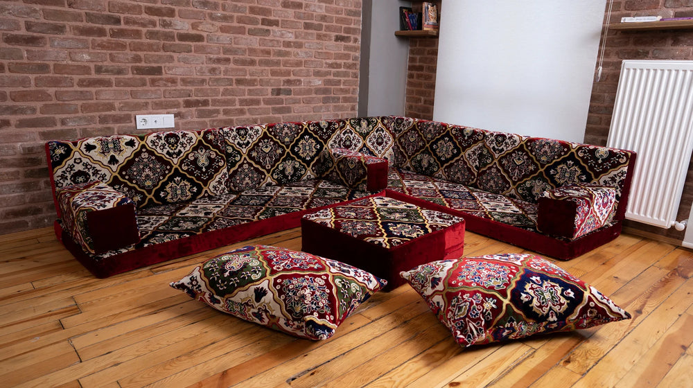 Premium Velvet L Shaped Arabic Sofa Set, Floor Cushions, Oriental Arabic Seating Floor Sofa, Backrest Pillow, Moroccan Sofas, Arabic Majlis - Arabic Sofa