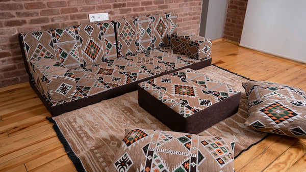 Premium Sofa Set, Brown Arabic Sofa Set, Floor Cushions, Ottoman Couch and Rug, Living Room Sofa, Arabic Floor Seating Sofa, Backrest Pillows, Moroccan Sofas, Arabic Majlis - Arabic Sofa