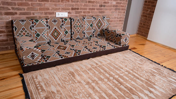 Premium Sofa Set, Brown Arabic Sofa Set, Floor Cushions, Ottoman Couch and Rug, Living Room Sofa, Arabic Floor Seating Sofa, Backrest Pillows, Moroccan Sofas, Arabic Majlis - Arabic Sofa